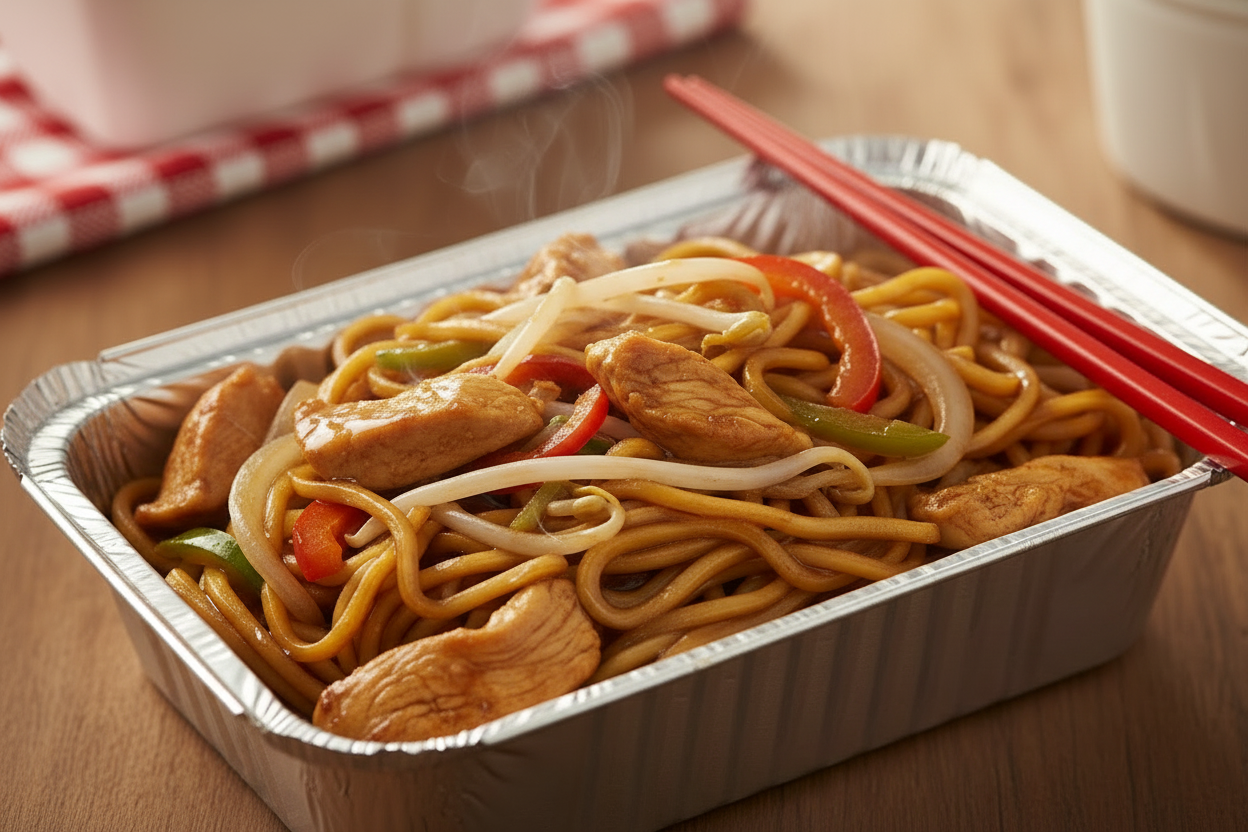 make the noodles and beansprouts look darker and put it in a typical takeaway foil carton